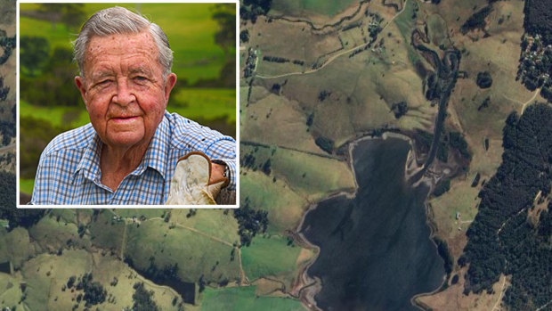 Dr Kenneth Doust and an aerial view of part of Central Tilba.
