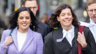 Moira Deeming (left) with her barrister Sue Chrysanthou, SC, outside the Federal Court in Melbourne during her defamation trial against John Pesutto.