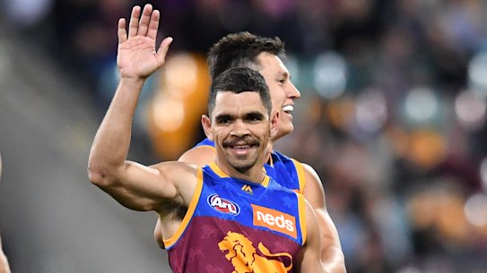 Charlie Cameron celebrates one his six goals as Lions thumped the Gold Coast Suns at the Gabba. 