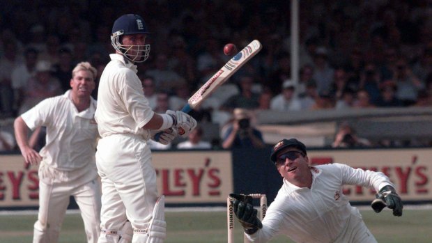 Ian Healy catches Alec Stewart off Shane Warne's bowling at Trent Bridge in 1997. 