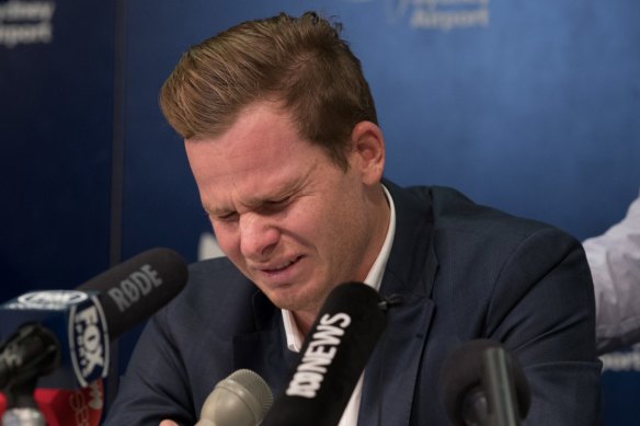 Steve Smith wept during a press conference following the ball-tampering scandal. 