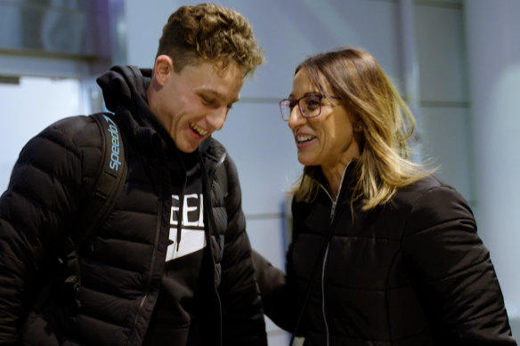 Kai Taylor and mother Hayley Lewis celebrate on Wednesday night at the Melbourne Sports and Aquatic Centre. 