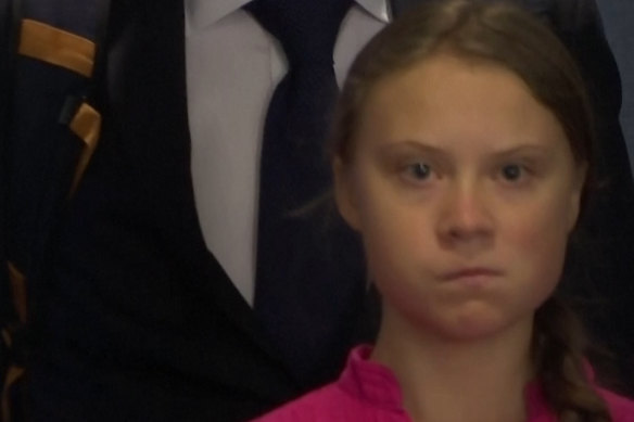 Greta Thunberg watches Donald Trump.