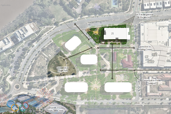 Developer Consolidated Properties has a view to build up to five buildings in its Yeerongpilly Green precinct (with potential locations shown in white) and submitted plans for a tower on Bedivere Street. 