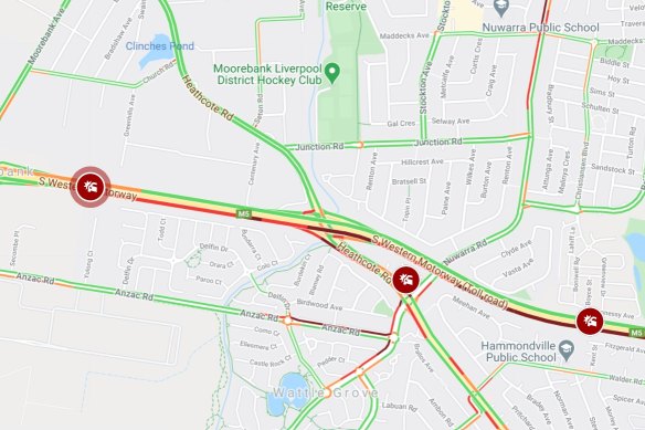 Traffic queues of 19 kilometres caused significant delays on Monday following three separate crashes in Sydney's west.