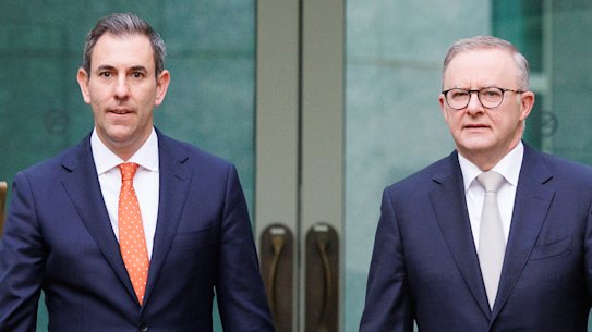 Treasurer Dr Jim Chalmers and Prime Minister Anthony Albanese arrive for television interviews at Parliament House in Canberra on Wednesday 26 October 2022. fedpol Photo: Alex Ellinghausen