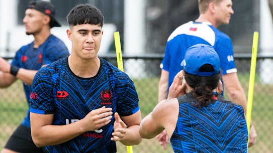 Blaize Talagi works with Jarome Luai in Samoan camp.