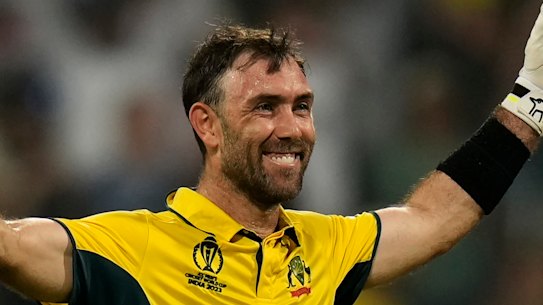 Glenn Maxwell celebrates a remarkable Australian victory.
