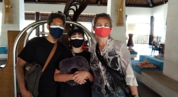 Australian academic Rebecca Meckelburg (right) with her husband Harimurti and their son Kayon in Bali on Wednesday.