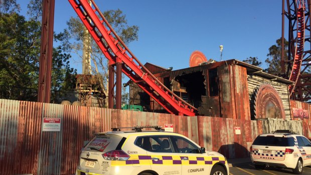 Police and emergency crews outside Dreamworld after the accident on the Thunder River Rapids ride.