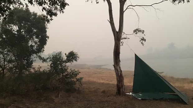 The overnight camp near Lake Jindabyne on New Year's Day: smoky conditions as the fire approached.