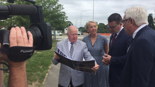 ACT Planning Minister Mick Gentleman, National Capital Authority chief executive Sally Barnes, ACT Liberal Senator Zed Seselja and National Capital Authority chair Terry Weber at the launch of the City and Gateway Urban Design Framework on Wednesday.