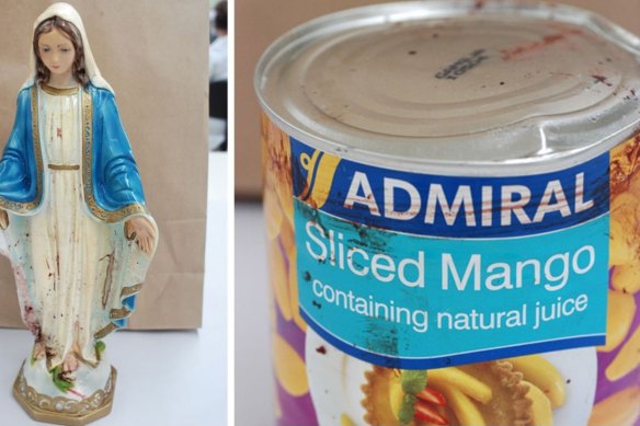 Police alleged Eliah Abdulmessih was killed with this statue of the Virgin Mary and this tin of sliced mangoes.