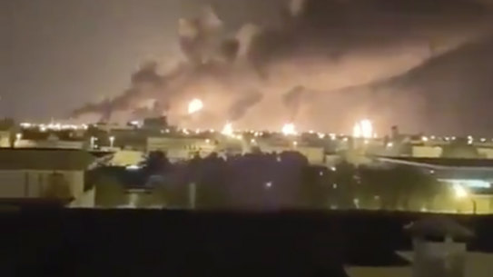 Smoke fills the sky at the Abqaiq oil processing facility in Saudi Arabia on Saturday.