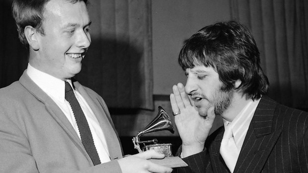 Ringo Starr with Geoff Emerick after the sound engineer won a Grammy for his work on Sgt Pepper's Lonely Hearts Club Band in 1968.