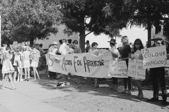Protesters outside the segregated Moree swimming pool in north-west NSW in 1965.