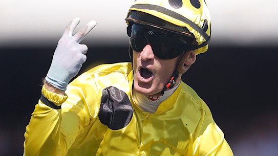 Mark Zahra wins the Melbourne Cup aboard Without A Fight.