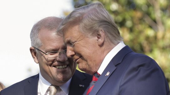 PM Scott Morrison and US President Donald Trump during a ceremonial welcome for Australia's leader.