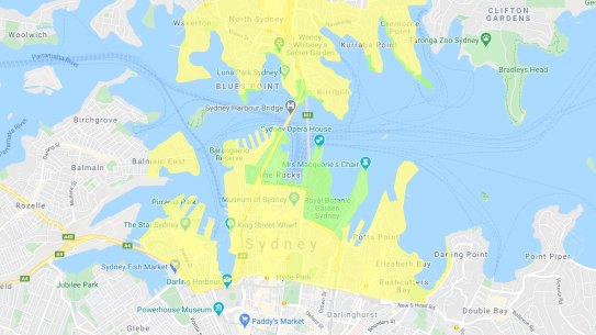 The yellow and green zones for New Year's Eve in Sydney.
