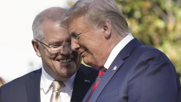 PM Scott Morrison and US President Donald Trump during a ceremonial welcome for Australia's leader.