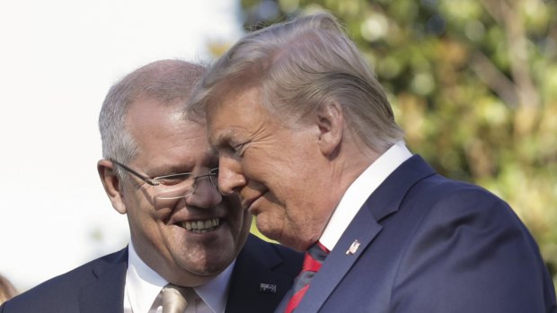 PM Scott Morrison and US President Donald Trump during a ceremonial welcome for Australia's leader.