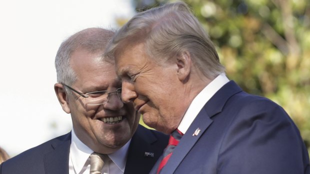 Prime Minister Scott Morrison and US President Donald Trump during a ceremonial welcome for Australia's leader in the US last month.