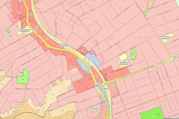 Zoning around Roseville station. The dark red is R4 high-density residential; the light red is R2 low-density residential.