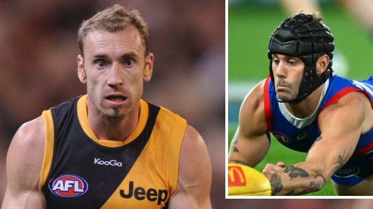 Former AFL player Shane Tuck, and Western Bulldogs’ Caleb Daniel, who wears a helmet while playing. At the coronial inquest into Tuck’s death, AFL chief medical officer Michael Makdissi said the AFL could consider mandatory helmets for players.