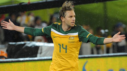 Brett Holman scores a late winner for the Socceroos against New Zealand at the Melbourne Cricket Ground in May 2010.