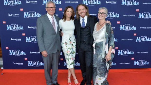 Tim Minchin and mother Ros, wife Sarah and father David arriving on the red carpet for The Royal Shakespeare Company's production of Matilda the musical at the Princess Theatre in Melbourne. 