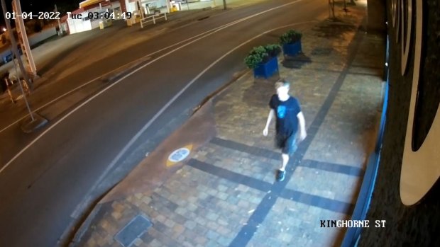 CCTV footage of Michael Kerr walking down Kinghorne Street, Nowra about an hour before he was stabbed. 