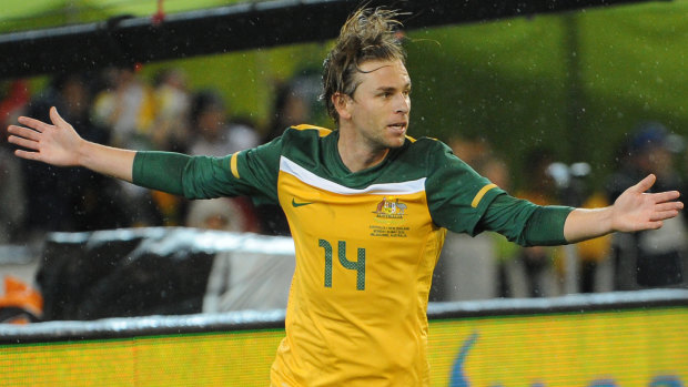 Brett Holman scores a late winner for the Socceroos against New Zealand at the Melbourne Cricket Ground in May 2010.