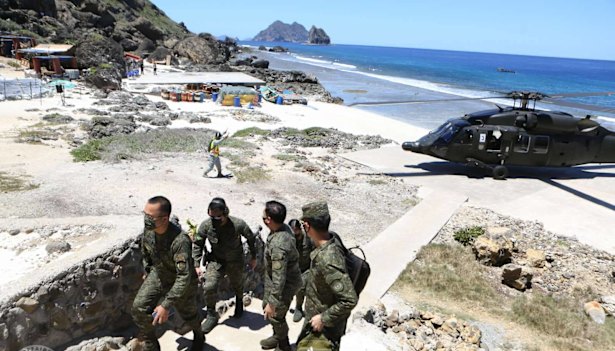 Philippine military personnel at Mavulis island, the northernmost post of the Philippines, in 2021.