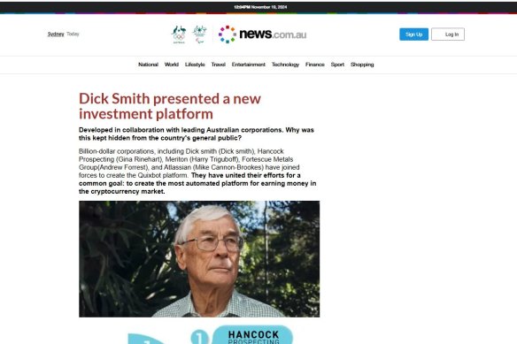 An ad running on Facebook and Instagram this week linked to a scam website featuring a fake endorsement from businessman Dick Smith.