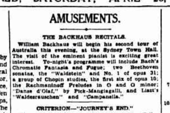 Ad for performance by German pianist Wilhelm Backhaus, SMH APril 26, 1930