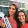 Miss Universe Indonesia Laksmi DeNeefe Suardana, pictured with her mother Janet DeNeefe, is farewelled from Jakarta airport before the pageant in the US.