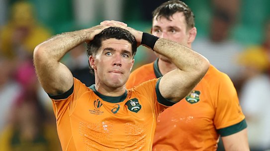 A dejected Ben Donaldson tells the story after the Wallabies’ loss to Fiji in Saint-Etienne.