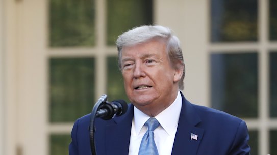 US President Donald Trump speaks during a news conference in the Rose Garden at the White House.