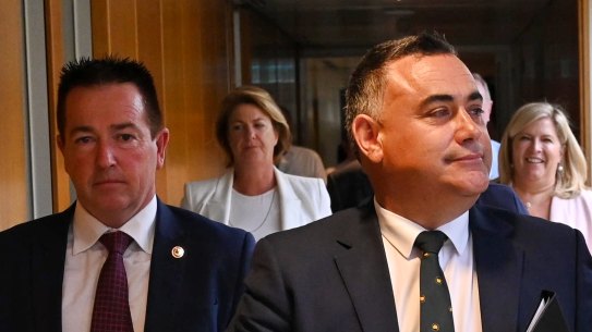 Deputy Premier John Barilaro leaves his party room meeting on Tuesday.
