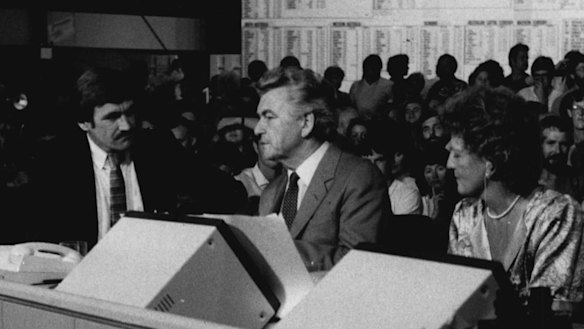 Election night, March 1983: Barrie Cassidy interviews Bob Hawke for the ABC in the tally room. He would soon be working for prime minister Hawke as press secretary.