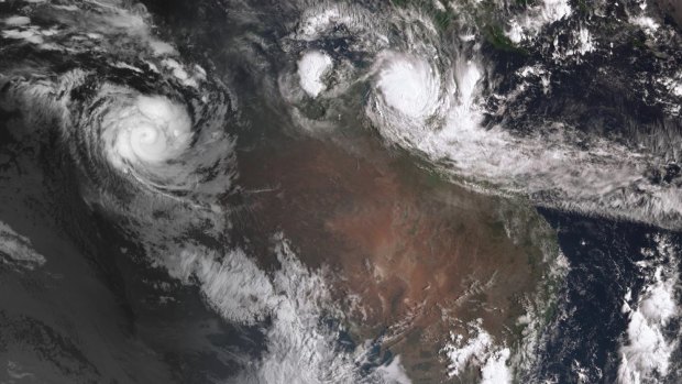 NASA satellite photo as of 9:30AM Friday morning showing twin cyclone systems over northern Australia. Cyclone Trevor (right) is intensifying as it crosses the Gulf of Carpentaria whilst Cyclone Veronica is predicted to become a category 5 storm and could make landfall at Exmouth in northern Western Australia.