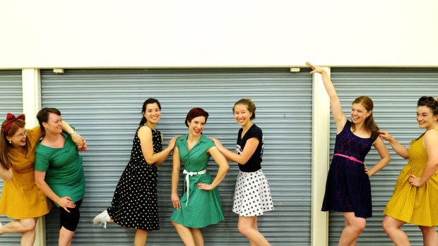 Canberra Swing Katz, from left, Casey Crockford of Lyneham, Phee Mackay of Amaroo, Katherine Gregory of Ainslie, Pip Reville of Nicholls, Chayla Ueckert-Smith of Downer, Erin Brennan of Stirling and Molly Campbell of Turner during rehearsal.
