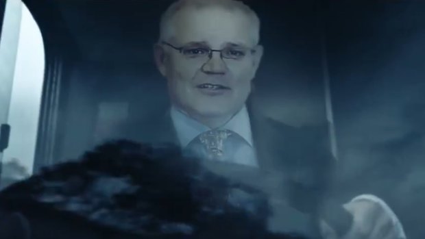 The “Stop the bus” ad depicting Scott Morrison as a bus driver. Christian Porter says the ad has crossed a line.