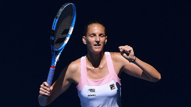 Karolina Pliskova enjoys the moment after her win over Serena Williams.