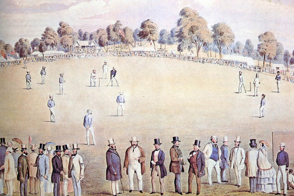 An intercolonial cricket match between Victoria and NSW at the MCG in 1858, two years after the first intercolonial match was played, in a drawing by Henry Heath Glover.