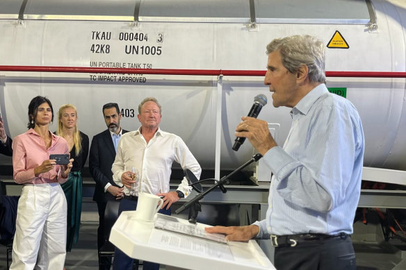 Billionaire Andrew ‘Twiggy’ Forrest and US Special Presidential Envoy for Climate John Kerry aboard Forrest’s yacht docked in Dubai.