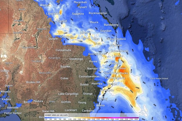Convective available potential energy (CAPE) over eastern Australia at 5 pm AEDT on Sunday, November 1, 2026. CAPE is a measure of atmospheric instability.