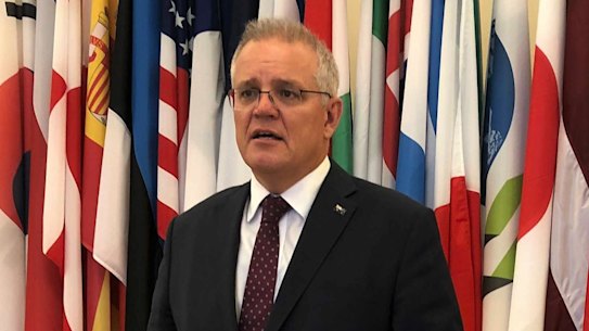 Prime Minister Scott Morrison speaks at the OECD in Paris on Thursday.