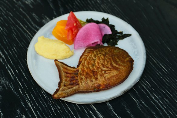 Savoury buckwheat taiyaki, a fish-shaped Japanese waffle.