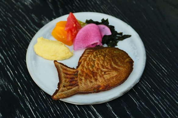 Savoury buckwheat taiyaki, a fish-shaped Japanese waffle.